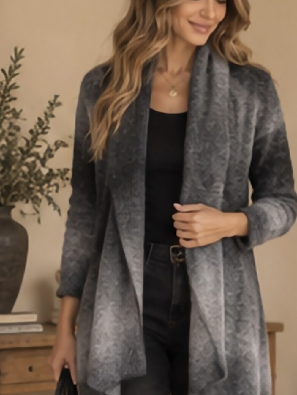Eileen Fisher Gray Mohair Wool Blend Open Front Cardigan Sweater M